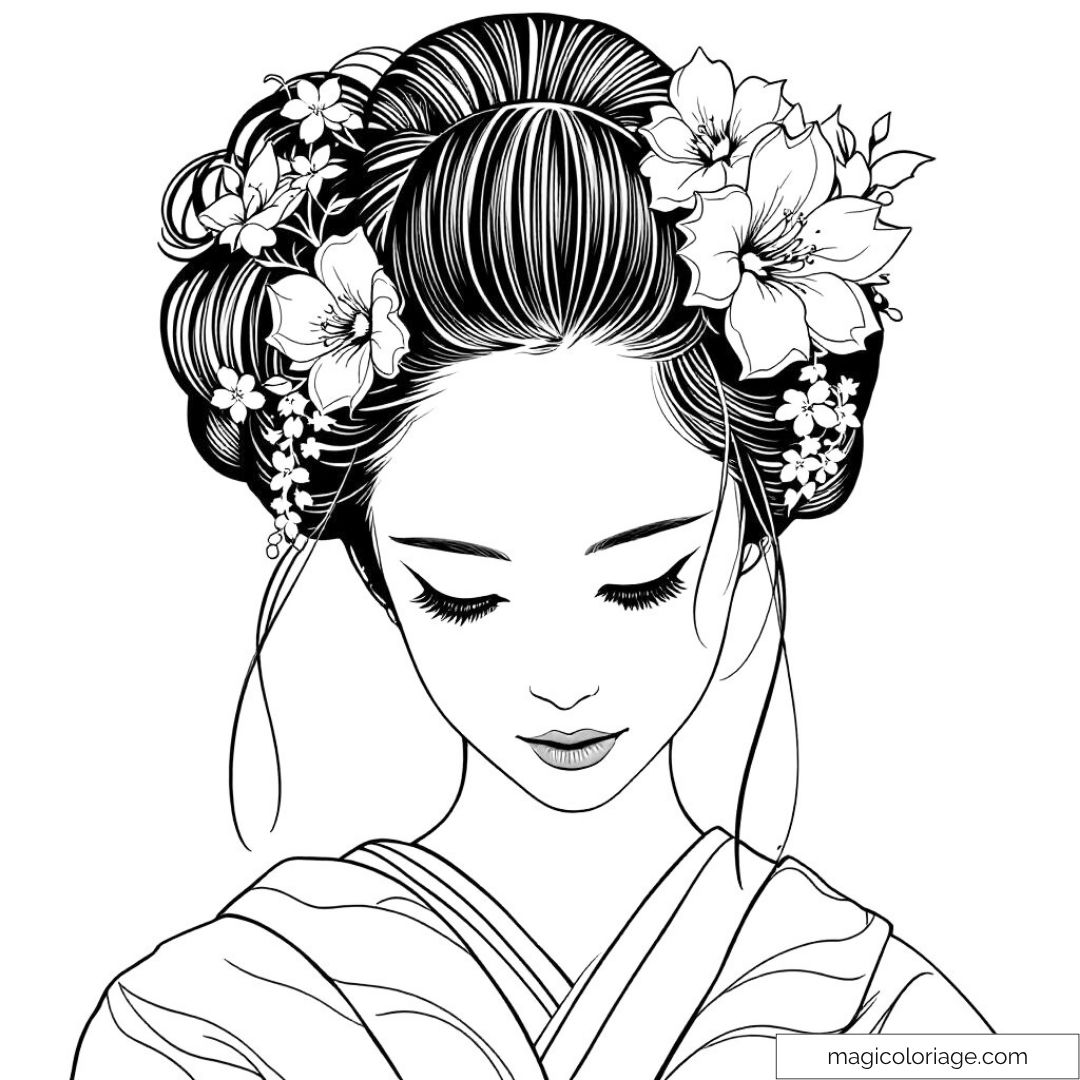 Dessin de geisha avec coiffure fleurie