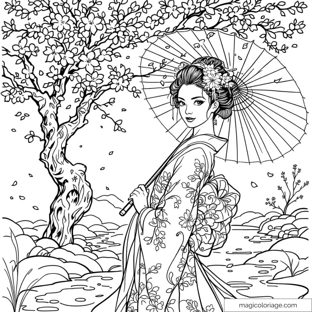Geisha avec kimono et parasol sous un cerisier en fleurs.