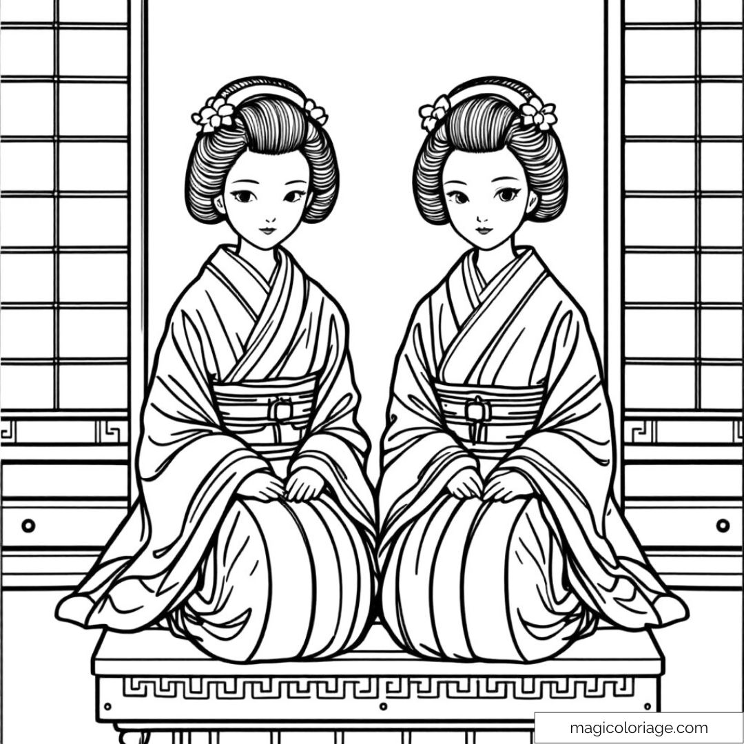 Deux geishas assises en kimono devant un décor traditionnel japonais.