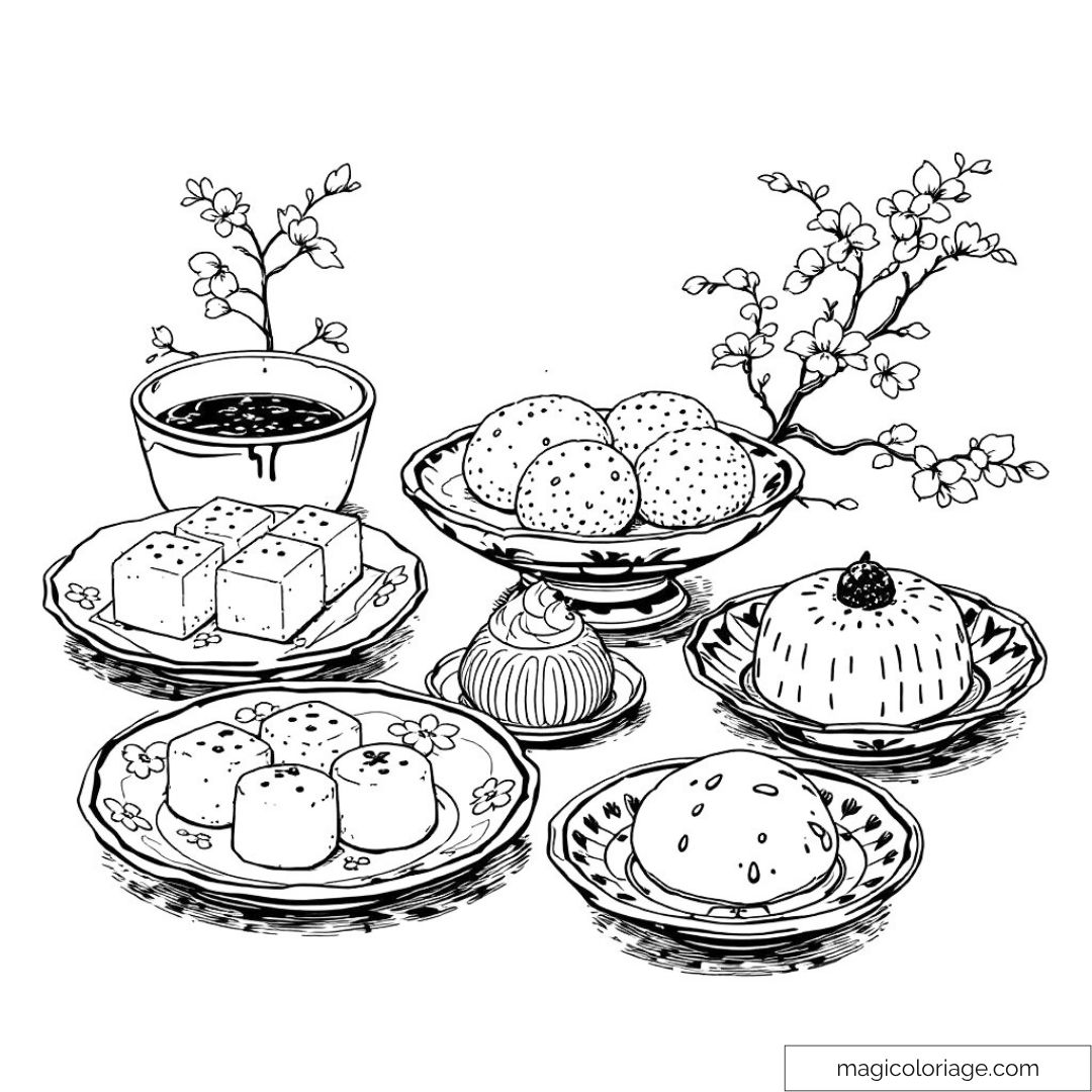 Dessin à colorier de desserts sur assiettes et fleurs de cerisier.