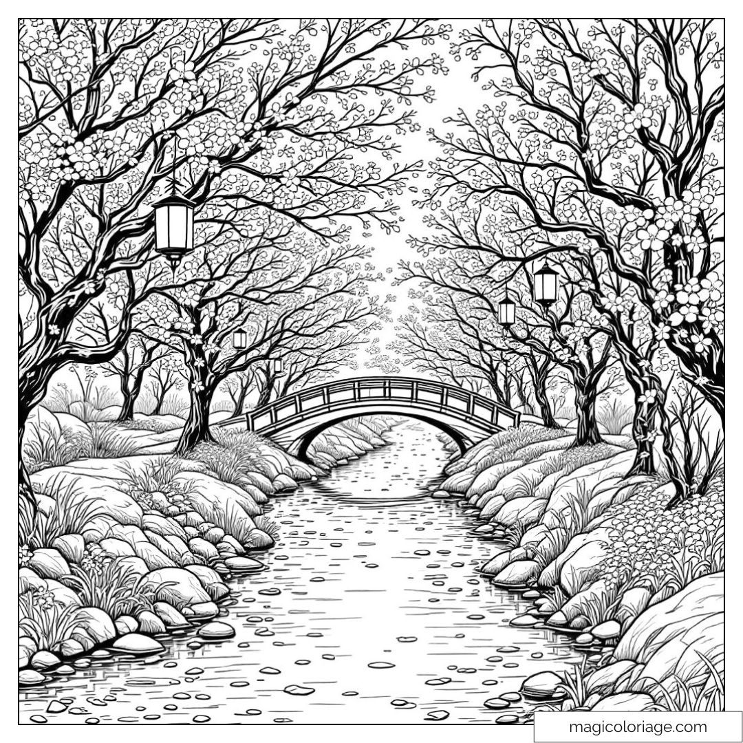Illustration de paysage zen avec arbres fleuris et pont sur un ruisseau.