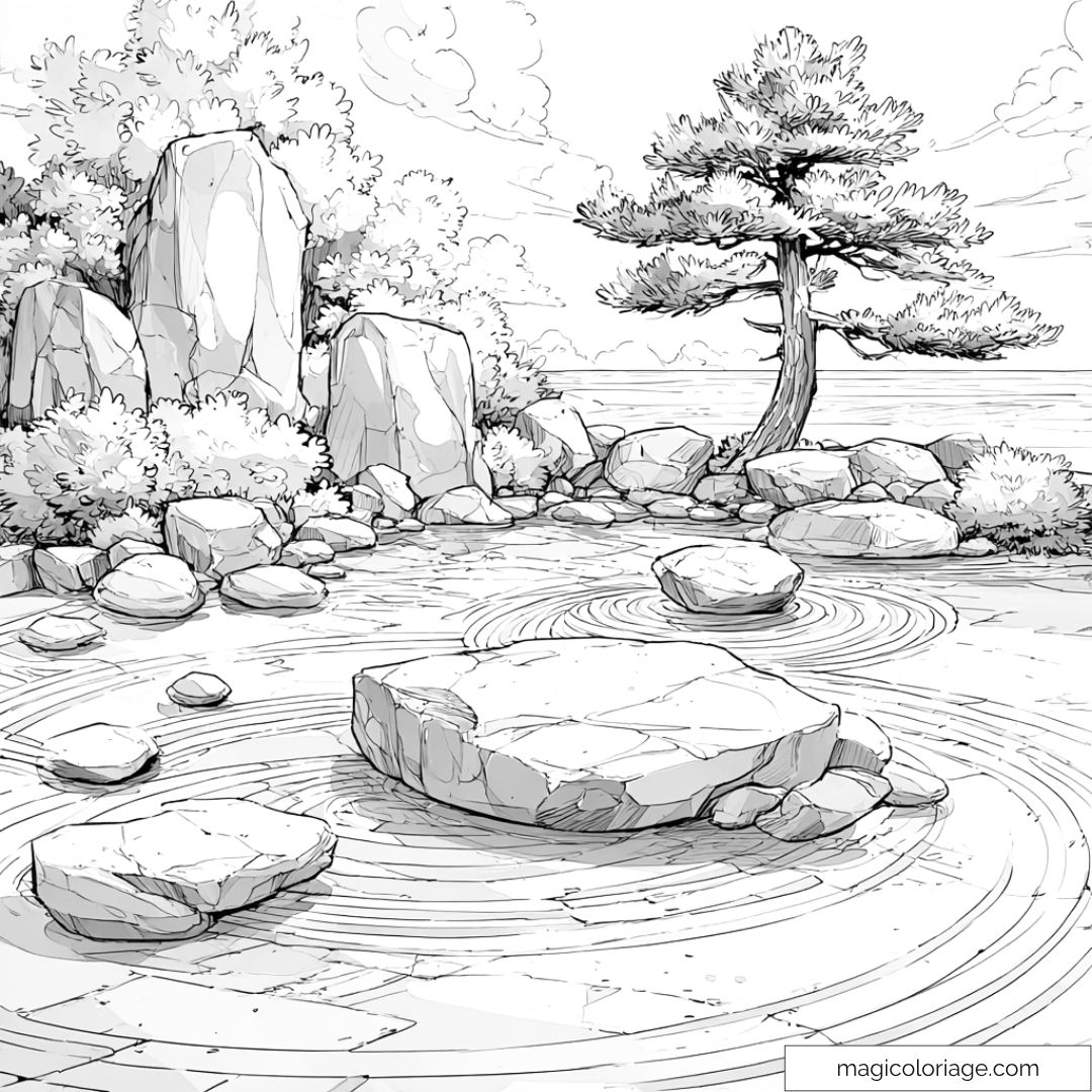Dessin de jardin zen avec roches et arbre