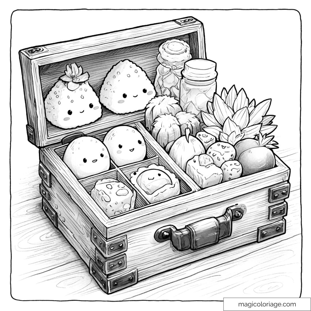 Coloriage nourriture kawaii dans un coffret en bois avec détails adorables.