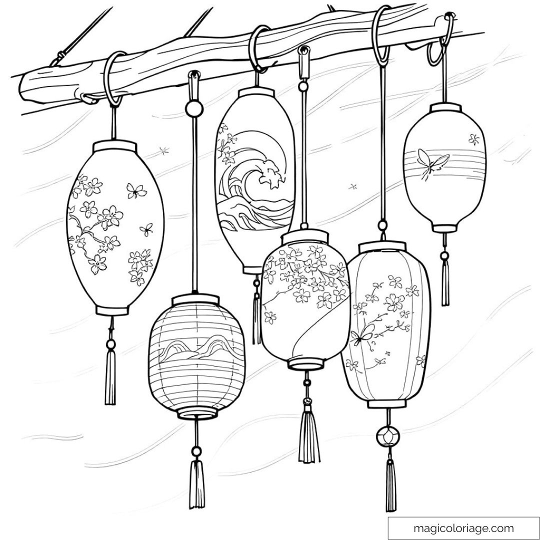 Dessin de lanternes asiatiques suspendues à une branche