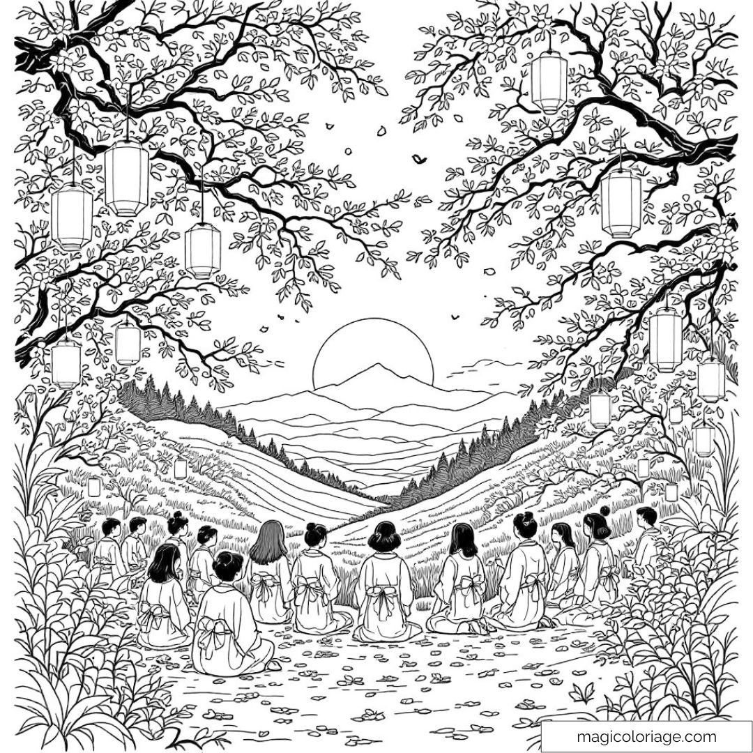 Dessin de groupe méditant sous lanternes dans paysage paisible au coucher de soleil