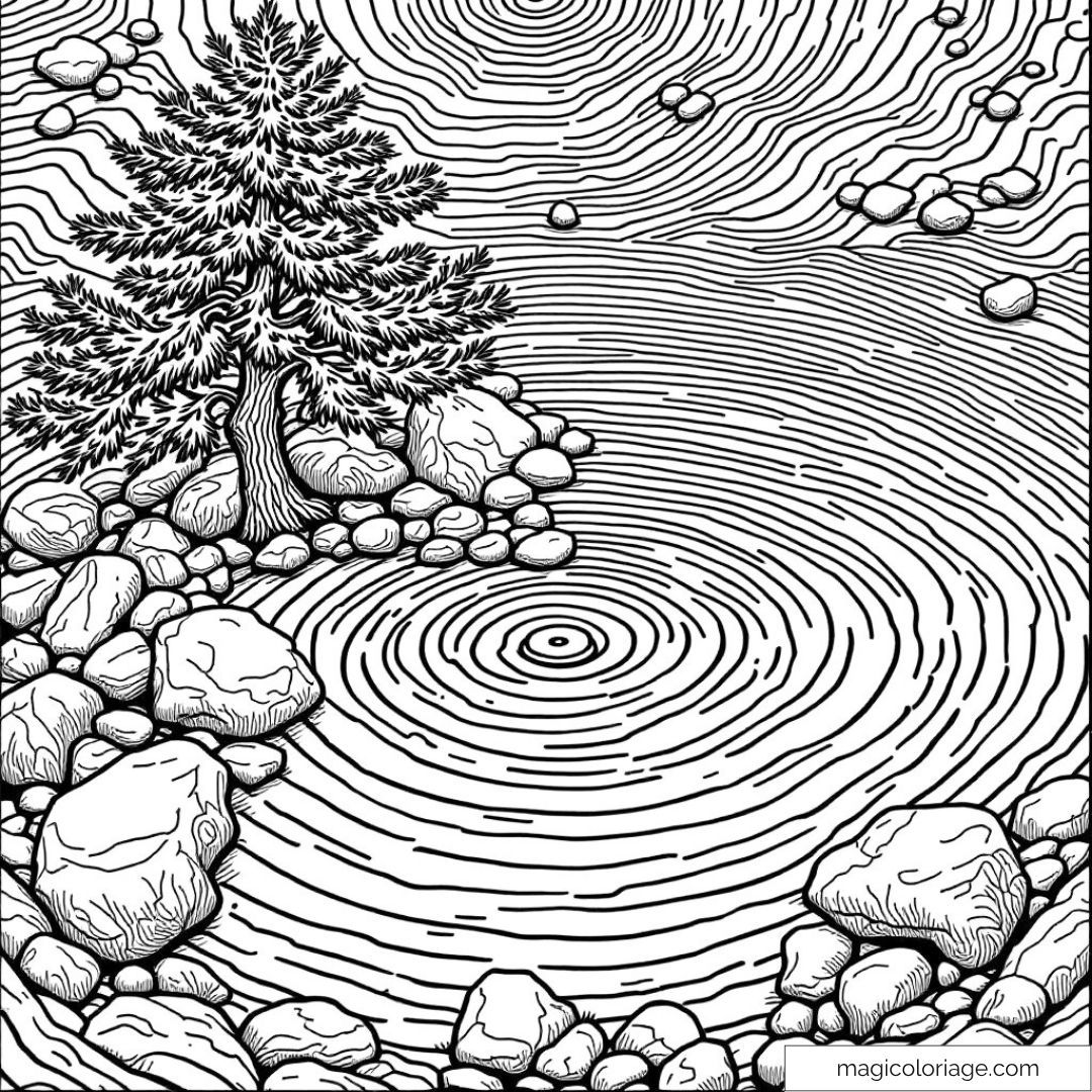 Dessin d'un arbre et étang avec cercles ondulants