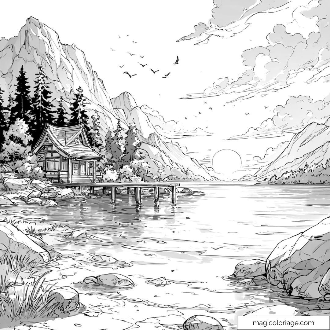 Chalet en montagne près d'un lac sous un ciel ensoleillé