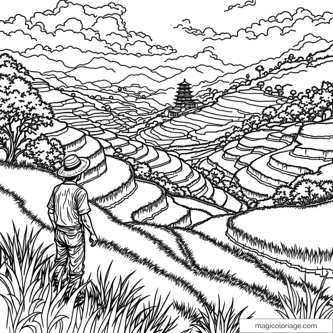Paysage asiatique à colorier : rizières