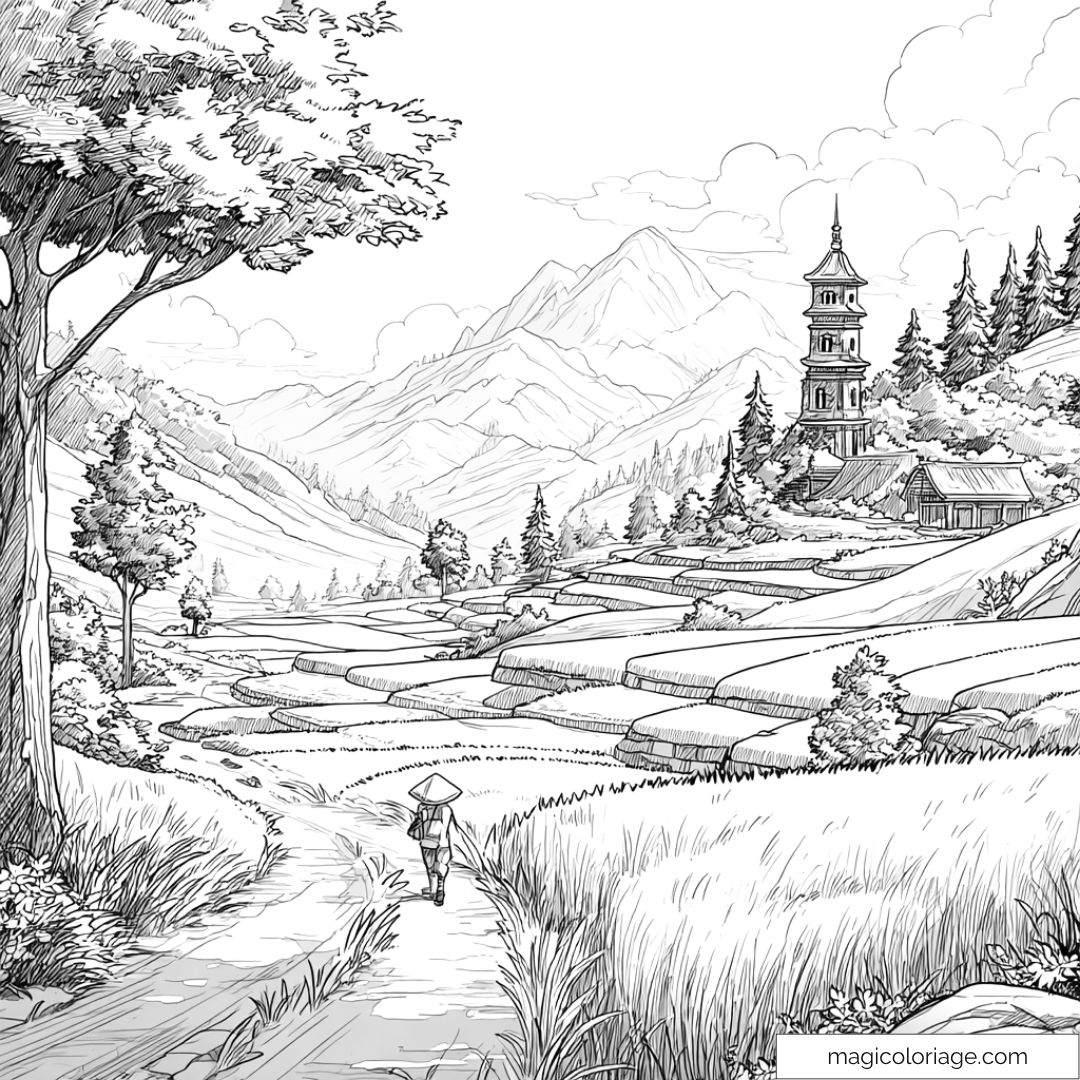 Coloriage de paysage asiatique avec rizières