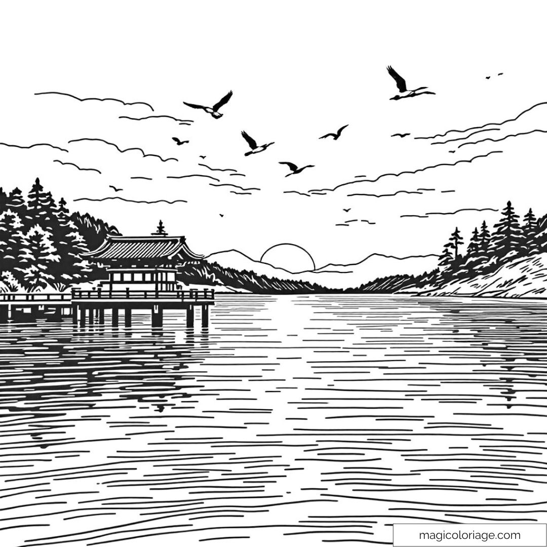 Coloriage de paysage japonais avec lac