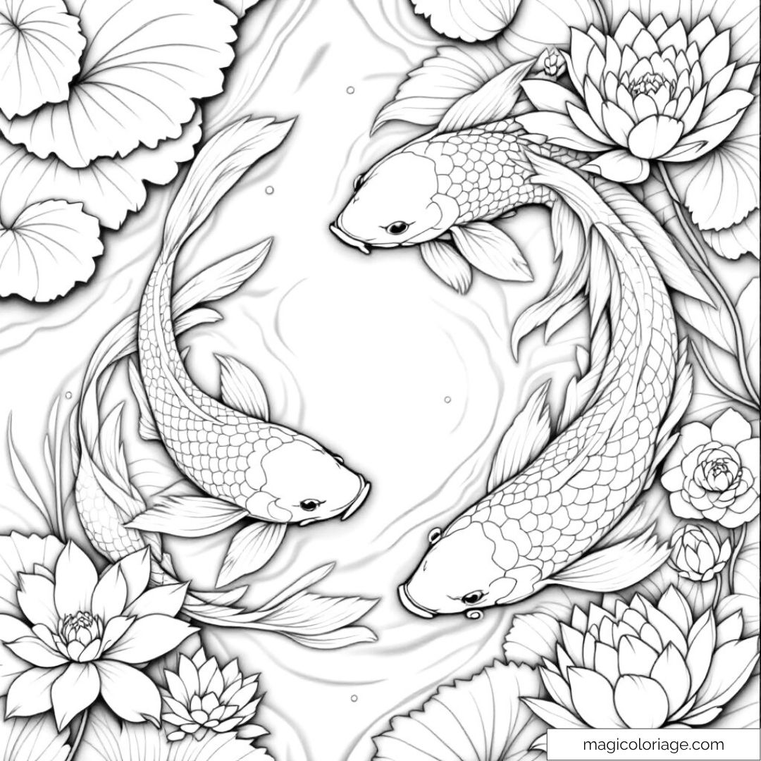 Coloriage de poissons Koi entourés de nénuphars en noir et blanc.