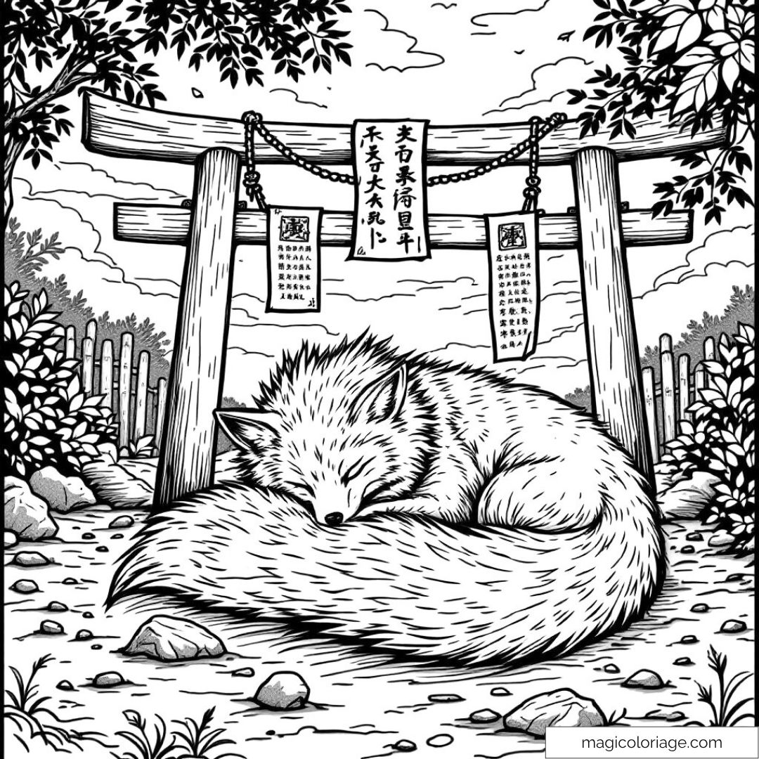 Renard endormi sous un torii japonais