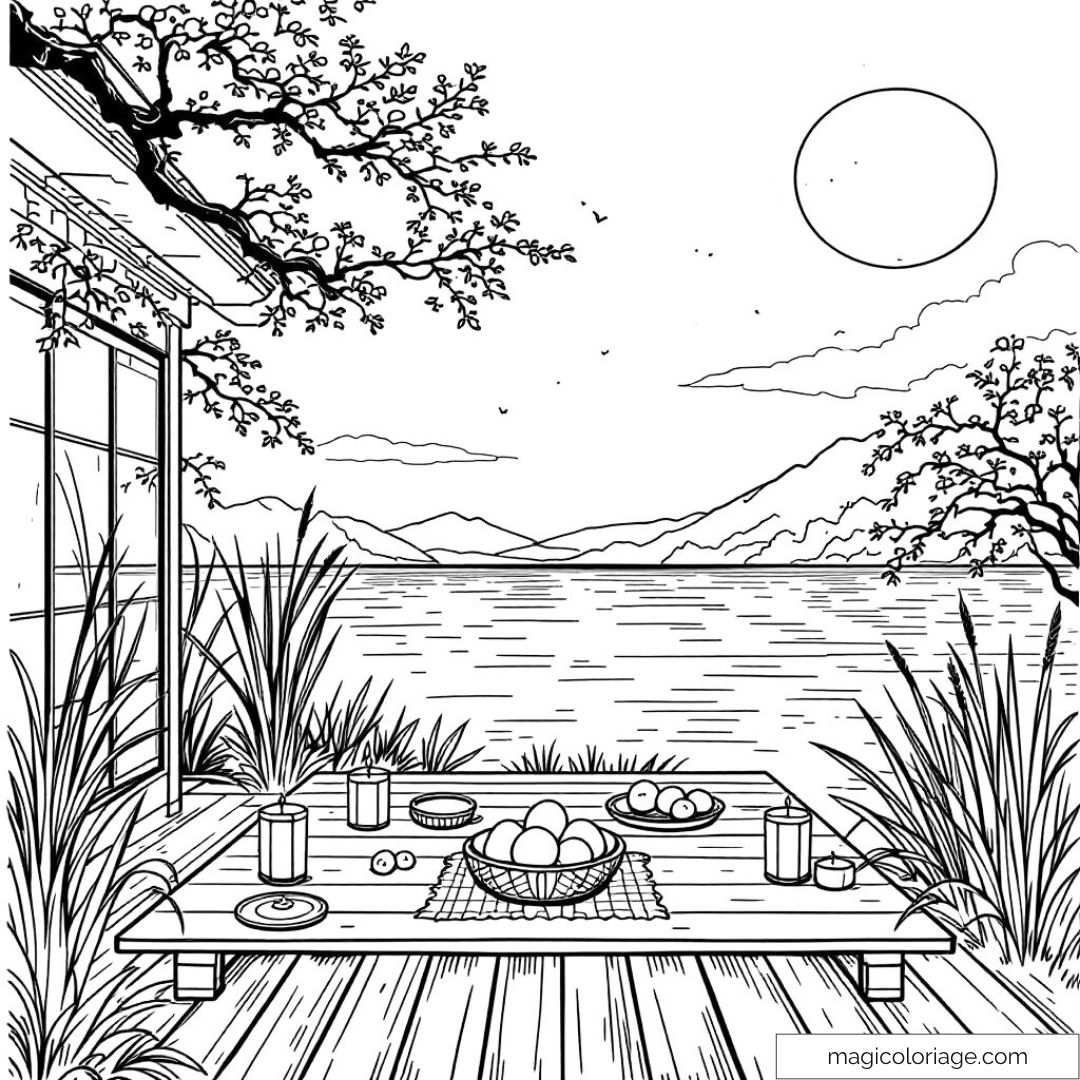 Scène de terrasse zen avec lac et montagnes à colorier.