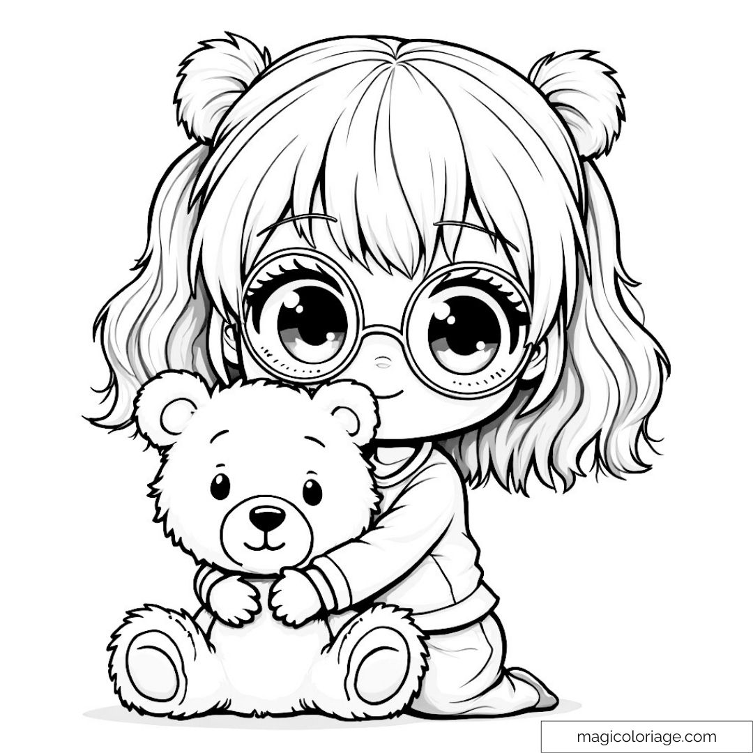 Dessin à colorier d'une fillette aux lunettes câlinant un ours en peluche.