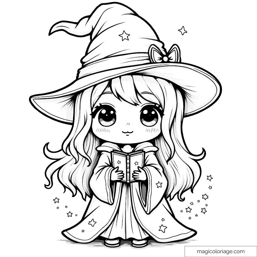 Adorable sorcière avec chapeau et livre magique à colorier