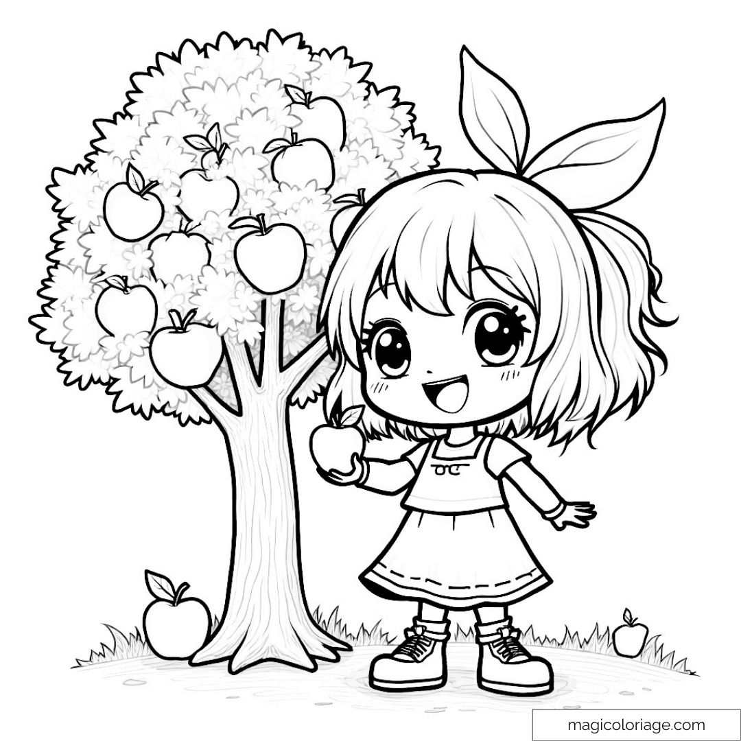 Chibi fille avec arbre à pommes