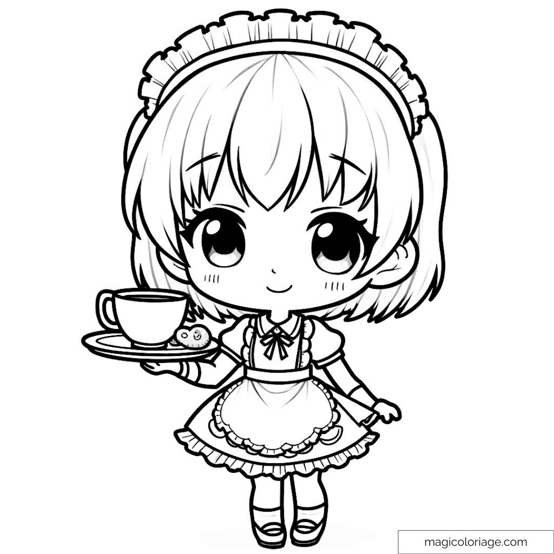 Chibi serveuse en uniforme mignon tenant un plateau avec tasse.
