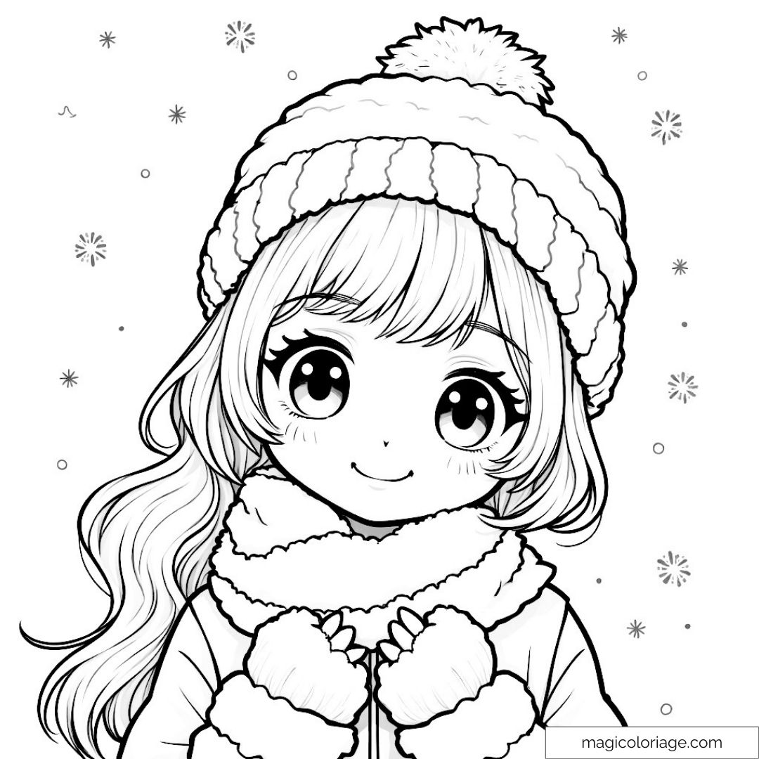 Coloriage fille manga avec bonnet et écharpe
