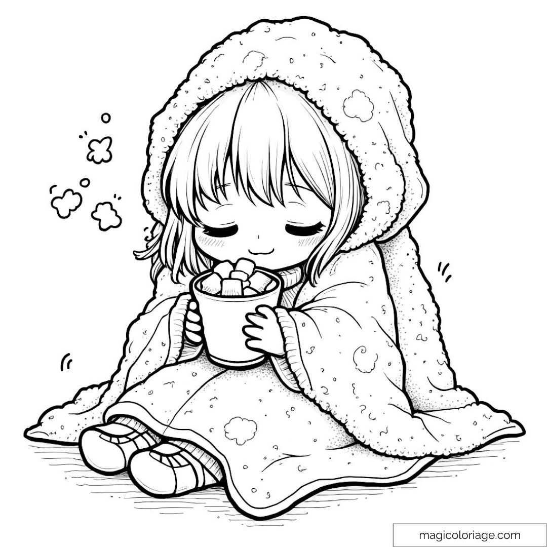 Enfant sous couverture avec tasse de chocolat chaud à colorier.
