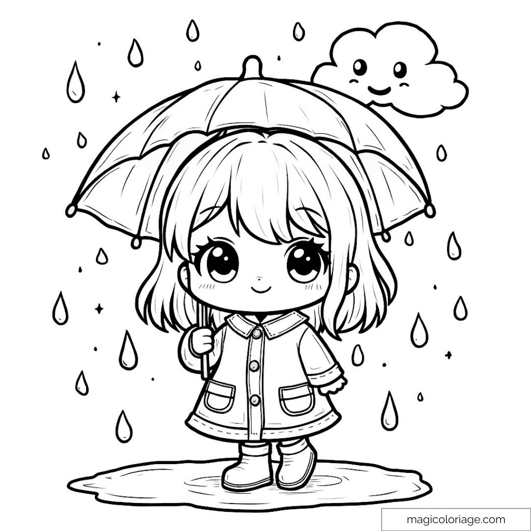 Dessin de fillette avec parapluie sous la pluie