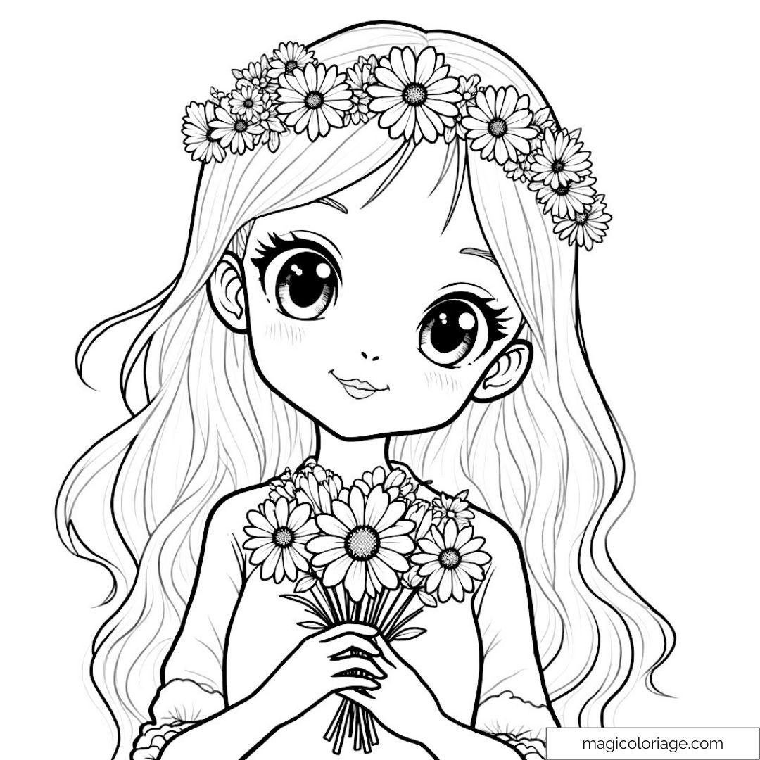 Fille mignonne avec diadème de fleurs tenant un bouquet.