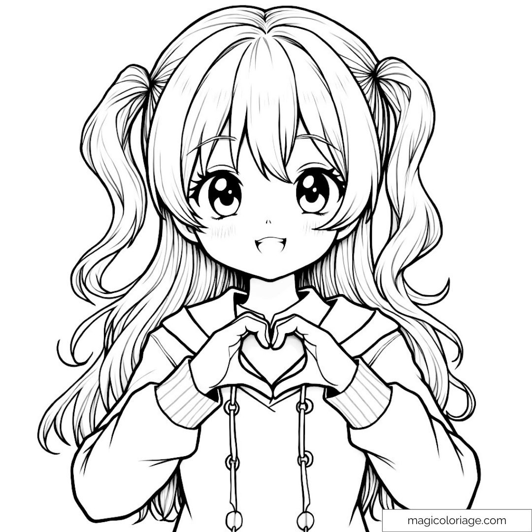 Image d'une fille manga mignonne avec un cœur réalisé avec les mains.