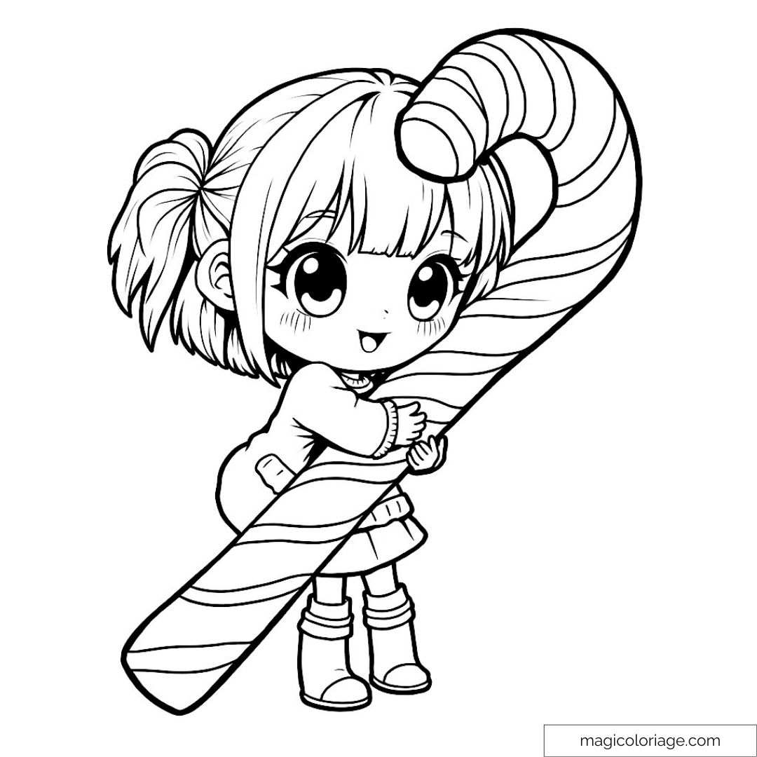 Fille kawaii tenant une canne en bonbon à colorier.
