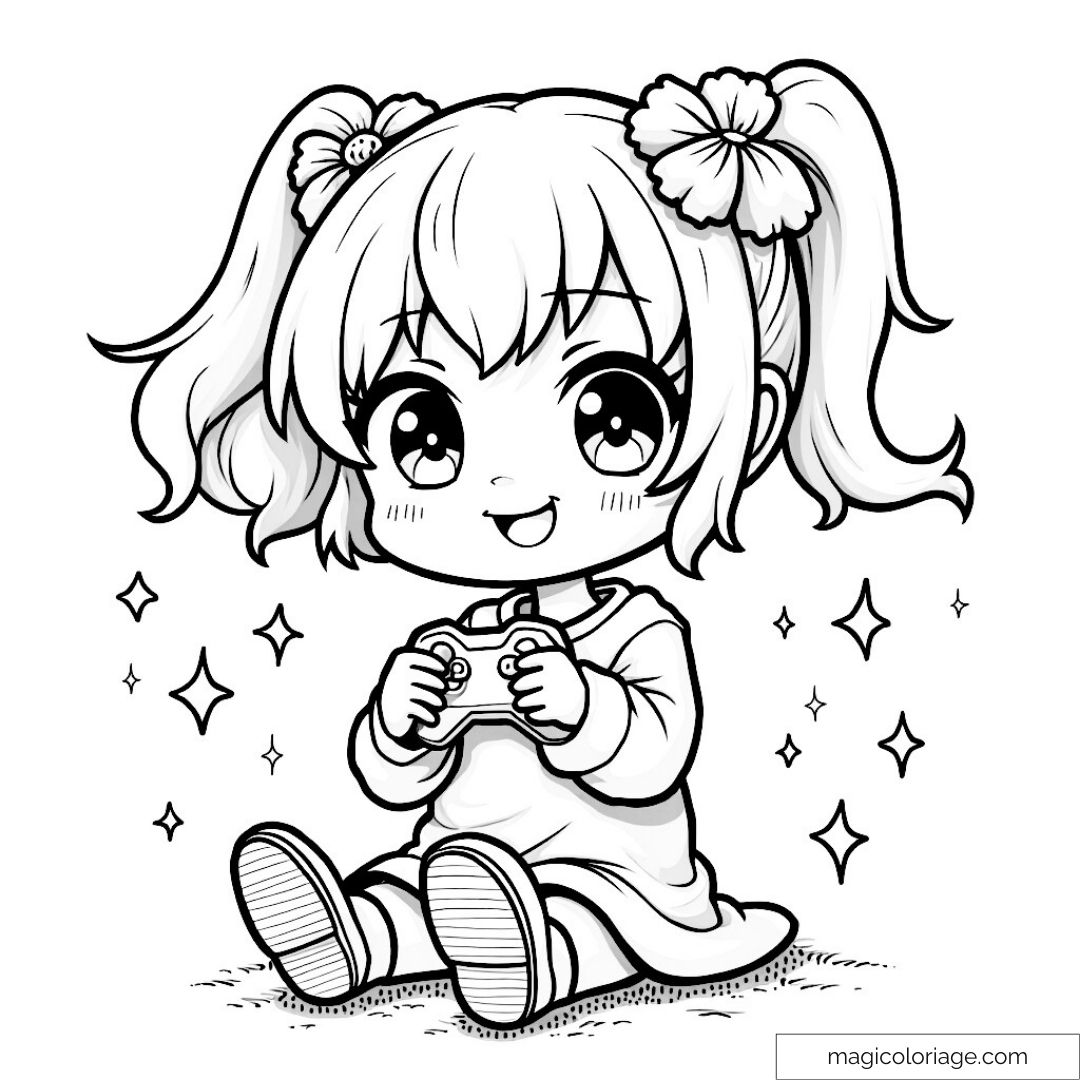 Fillette chibi souriante avec manette de jeu