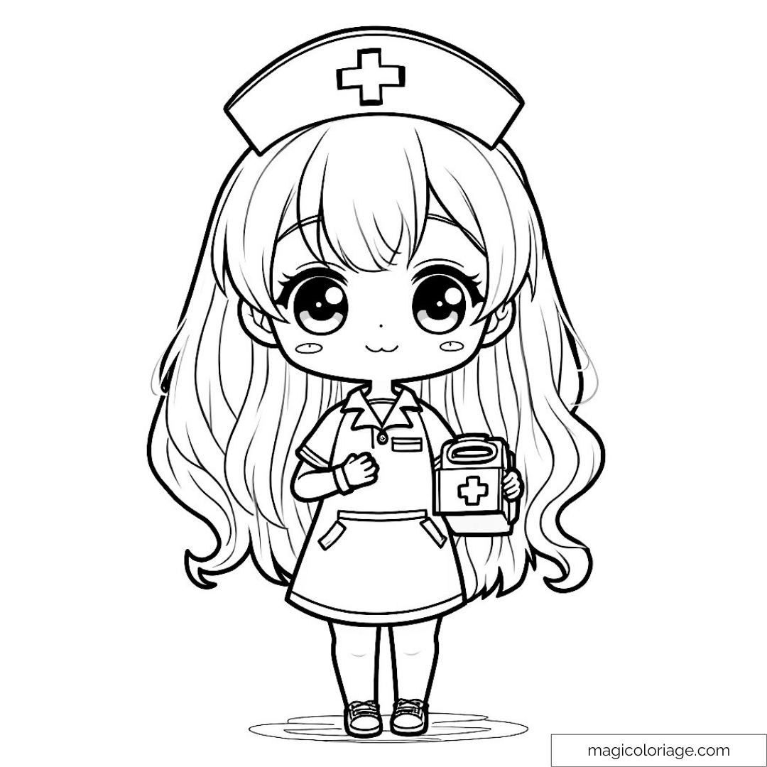Infirmière chibi mignonne avec une boîte de secours à colorier