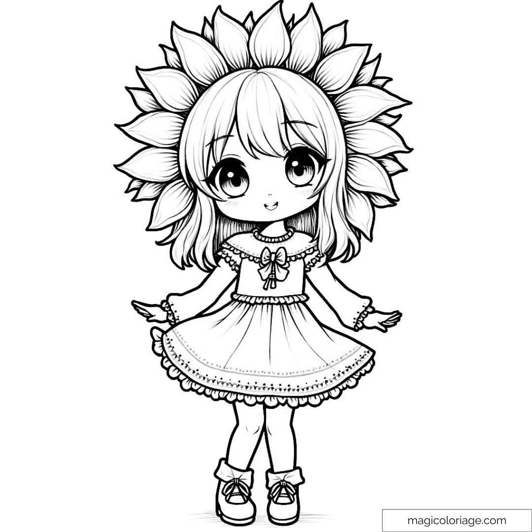 Dessin à colorier d'une fillette anime avec cheveux tournesol