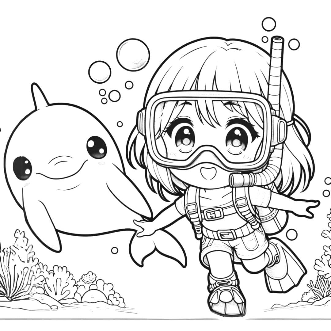 Coloriage d'une fille kawaii aventurière des mers