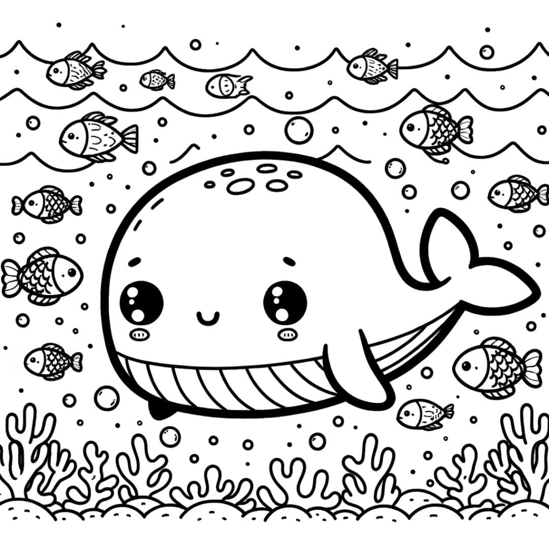 Coloriage d'une baleine kawaii dans l'océan
