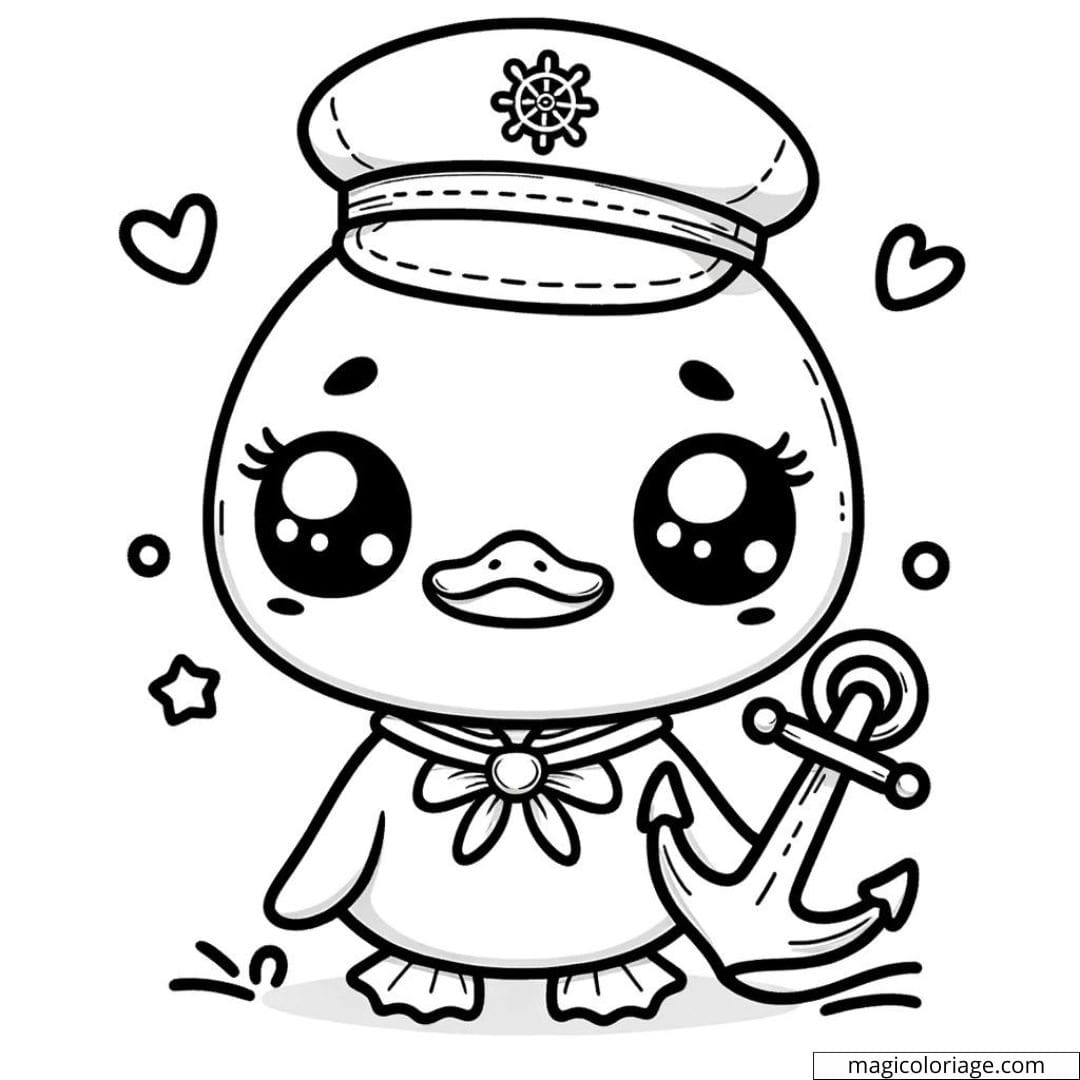 Coloriage à imprimer de canard kawaii avec un chapeau de marin et une ancre
