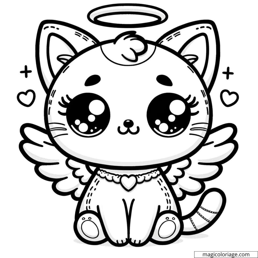 Coloriage à imprimer de chat kawaii avec des ailes d'ange et une auréole
