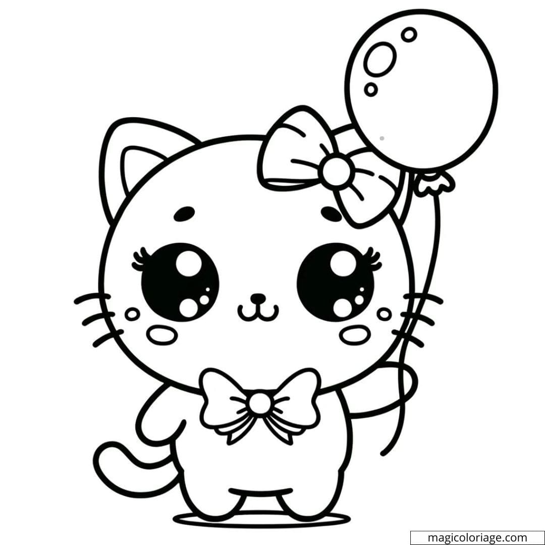 Coloriage à imprimer de chat kawaii avec un ballon et un nœud