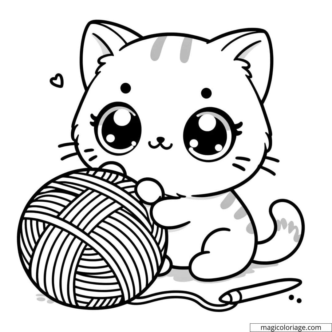 Coloriage à imprimer de chat kawaii jouant avec une pelote de laine