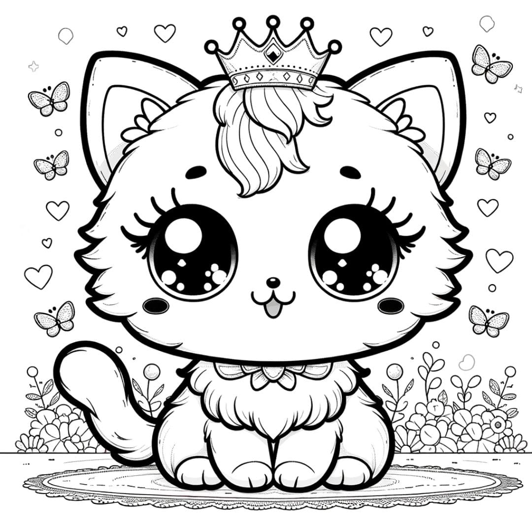 Coloriage d'un chat kawaii avec une couronne