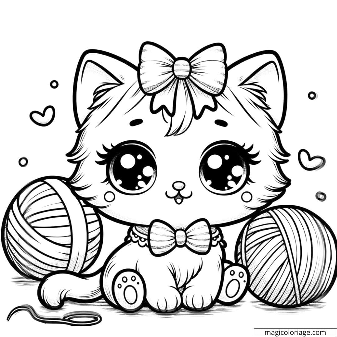 Coloriage à imprimer de chaton kawaii avec nœud papillon