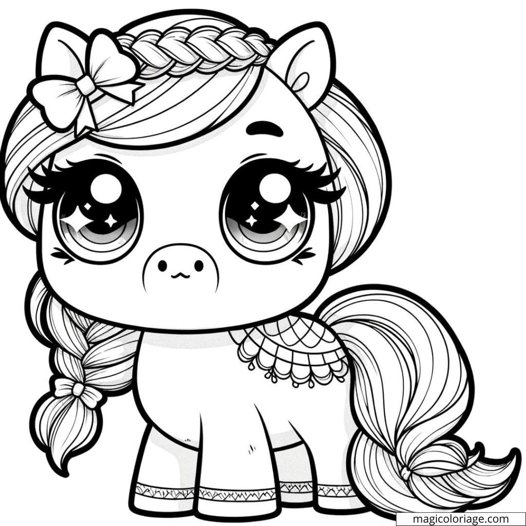 Coloriage à imprimer de cheval kawaii avec une crinière tressée et un nœud