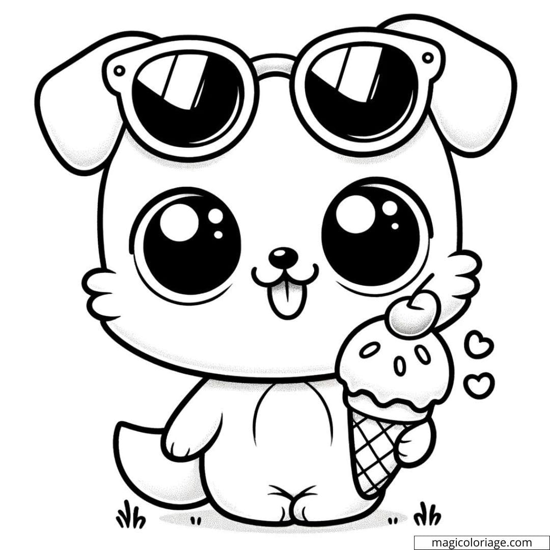 Coloriage à imprimer de chien kawaii avec des lunettes de soleil et une glace