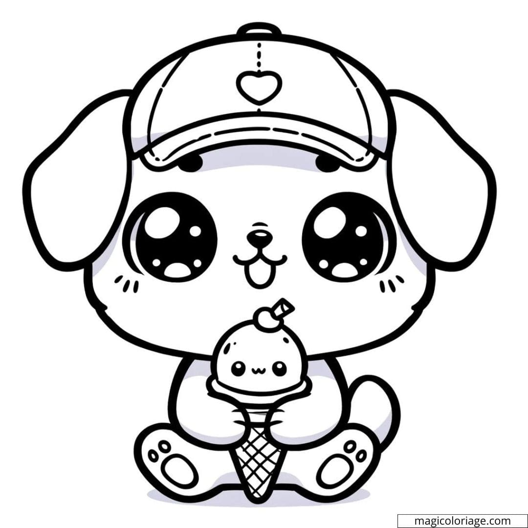 Coloriage à imprimer de chien kawaii avec une casquette et une glace