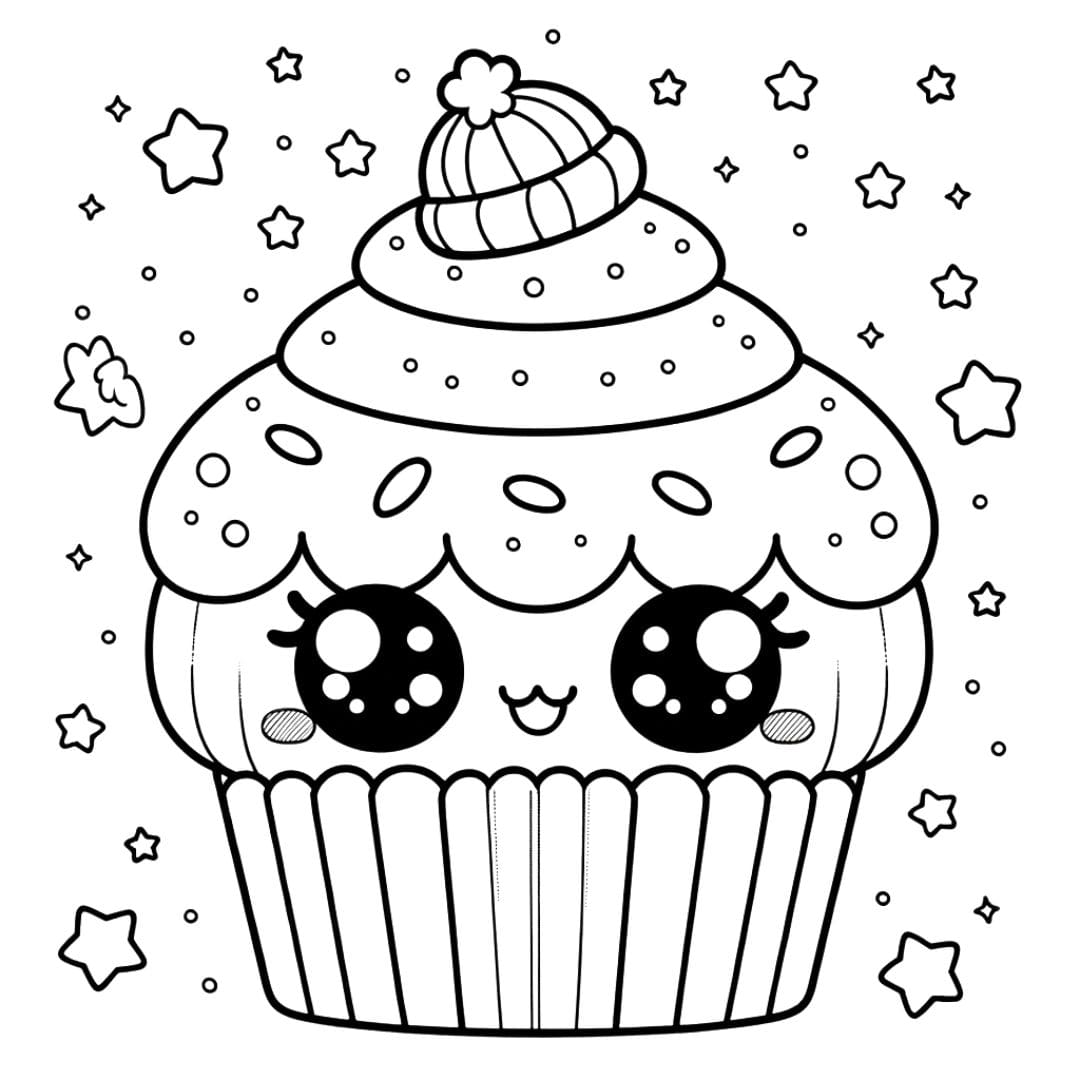 Coloriage de cupcake kawaii avec un visage souriant
