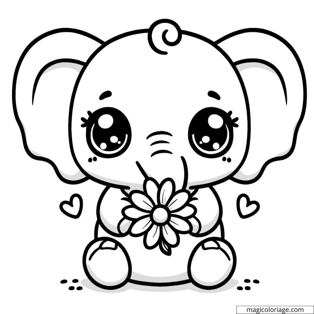 Coloriage à imprimer d'éléphant kawaii avec une fleur dans la trompe