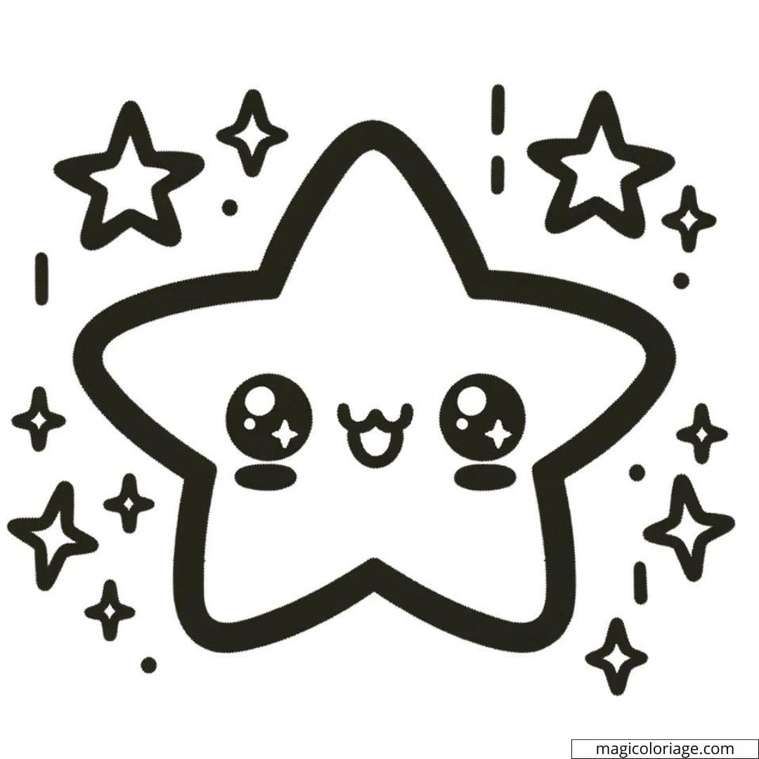 Coloriage à imprimer d'étoile kawaii avec un visage souriant et des étincelles
