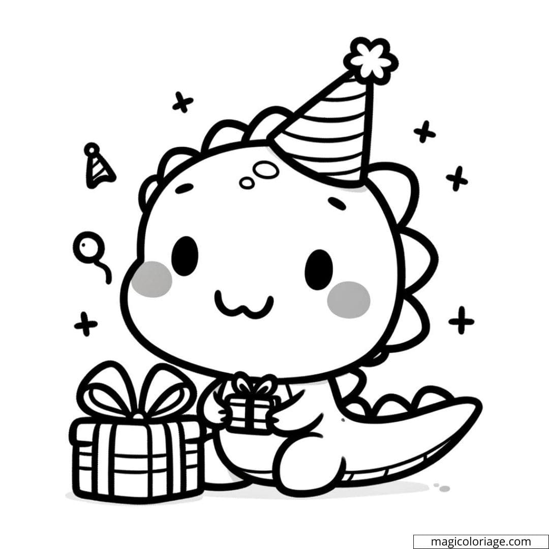 Coloriage à imprimer de dinosaure kawaii avec chapeau de fête
