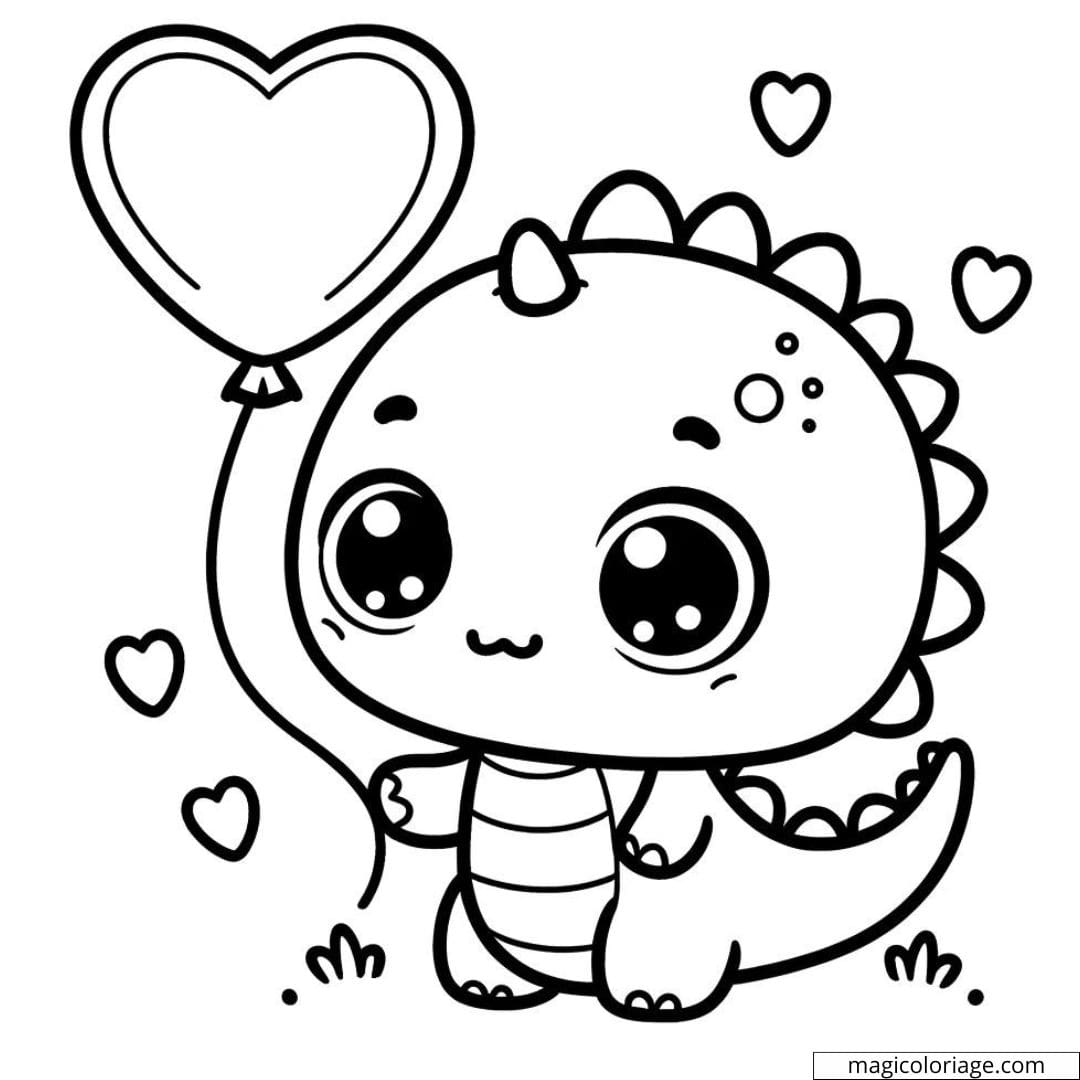 Coloriage à imprimer de dinosaure kawaii avec un ballon en forme de cœur