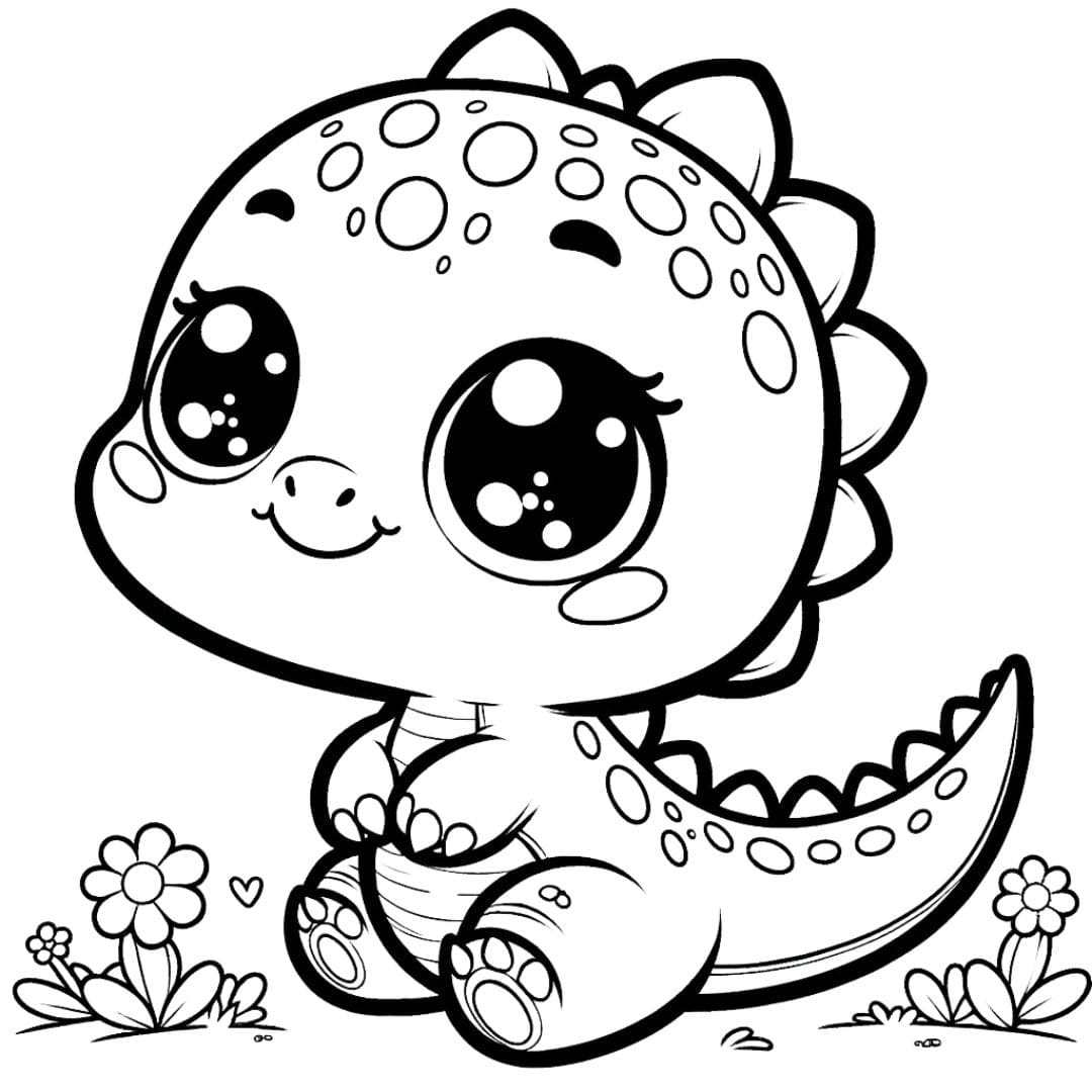 Coloriage d'un dinosaure kawaii entouré de fleurs