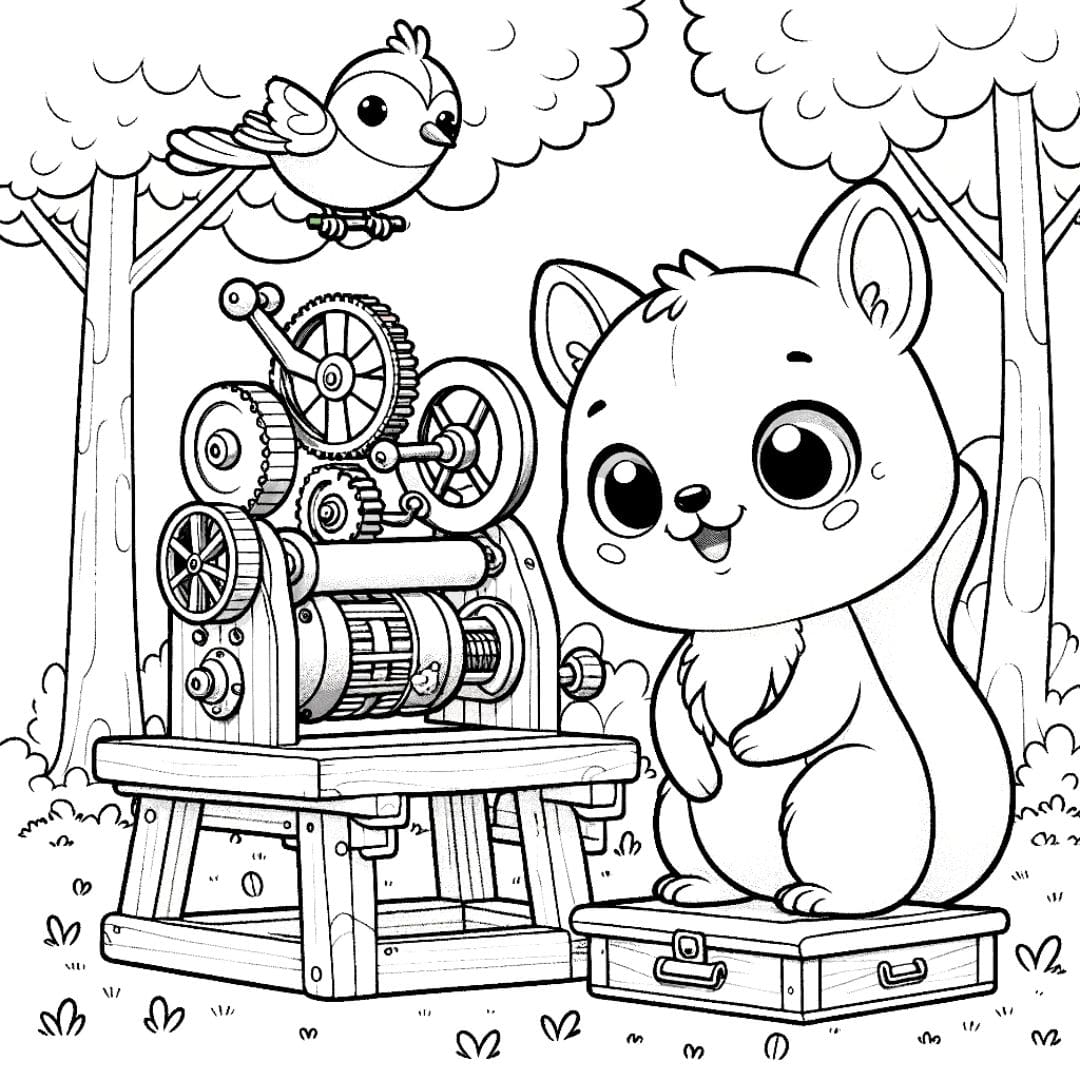 Coloriage d'un écureuil kawaii inventeur