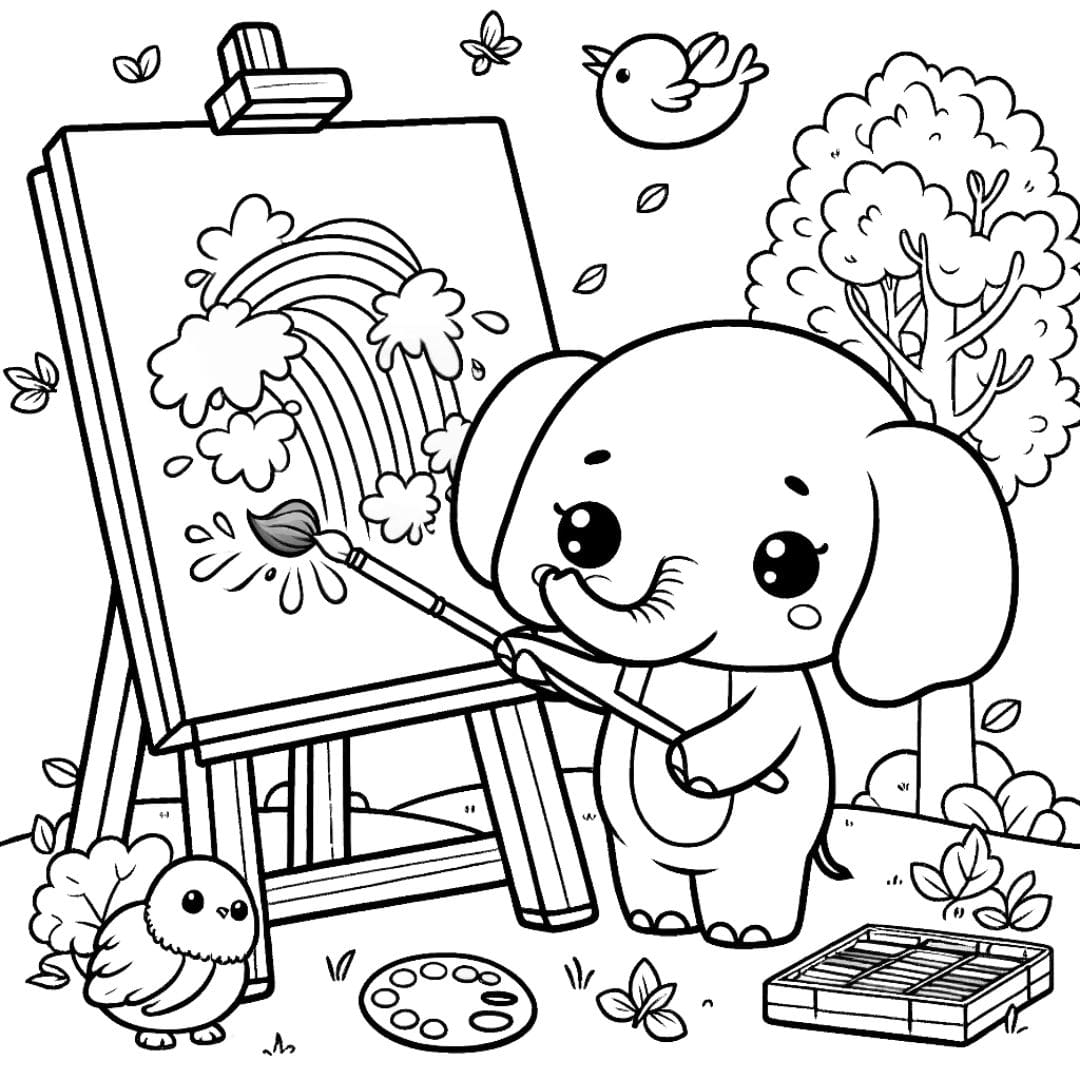 Coloriage d'un éléphant kawaii peignant