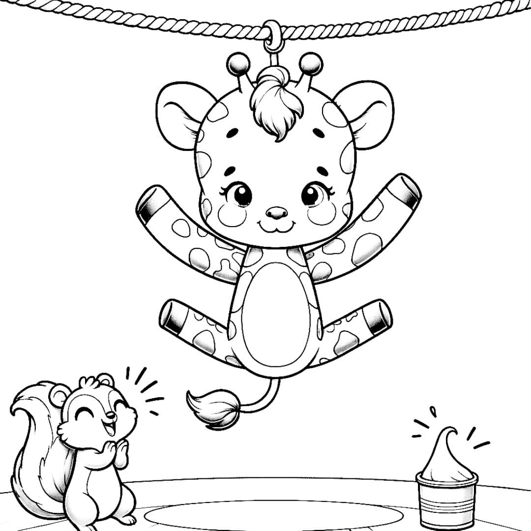 Coloriage d'une girafe kawaii acrobate